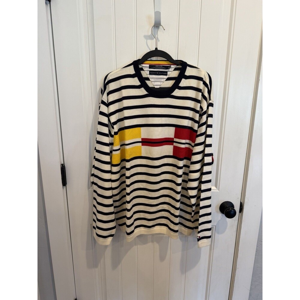 Tommy Hilfiger Men’s Striped Flag Sweater Cream Navy Red Yellow NWOT